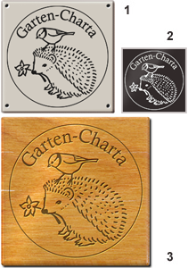 Drei verschiedene Embleme der Garten-Charta